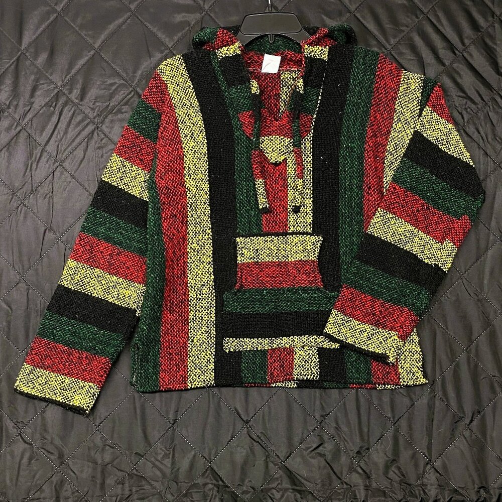 Hoodie Baja Poncho Drug Rug Rasta Mexico Hippie Boho Festival Sweatshirt Medium